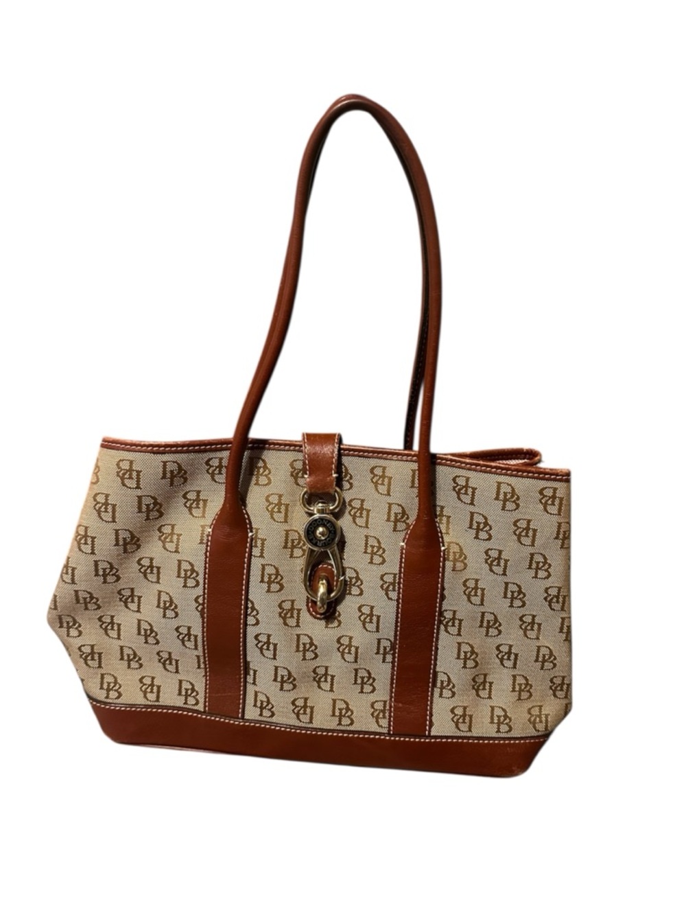 Dooney & Bourke Beige Monogram Tote with Brown Leather Trim